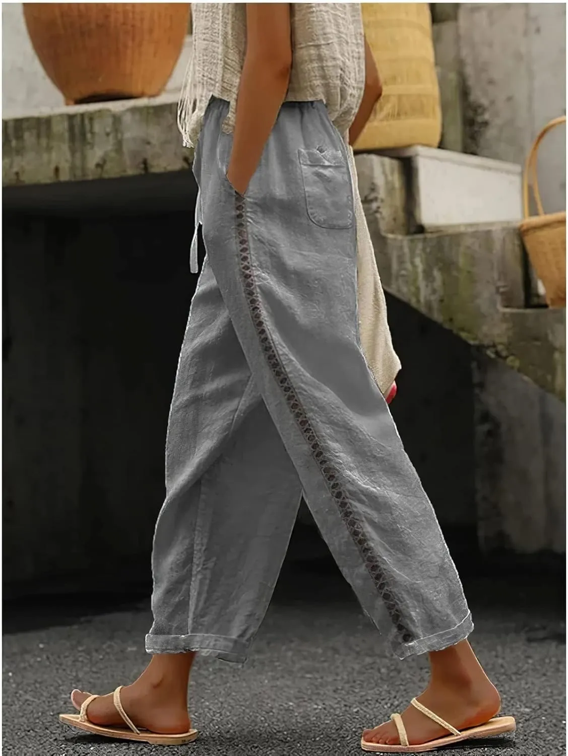 Costaric Casual Linen Pants Women's Summer Elastic Waist Crop Pants Straight Leg Beach Trousers with Pockets Relaxed Fit
