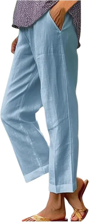 Cotton Linen Pants for Women Straight Leg Elastic Waist Pants Loose Fit Casual Trousers Plus Size Slack 2024 Fashion