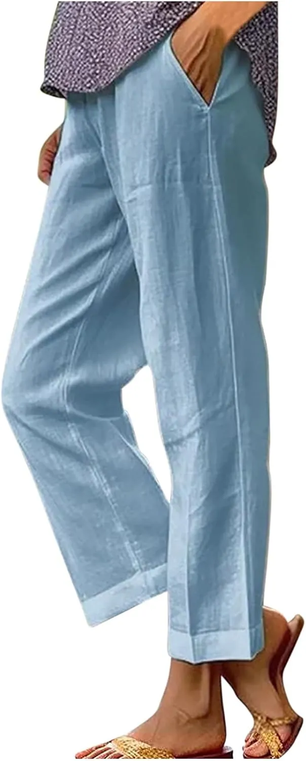 Cotton Linen Pants for Women Straight Leg Elastic Waist Pants Loose Fit Casual Trousers Plus Size Slack 2024 Fashion