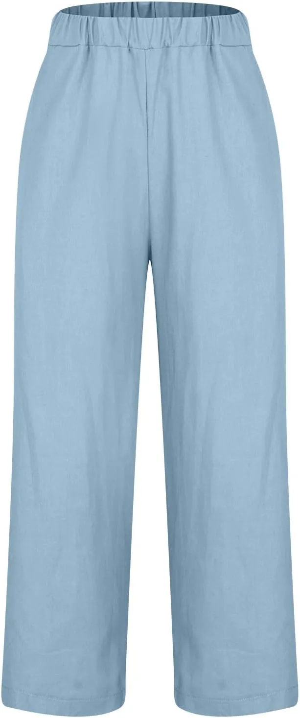 Cotton Linen Pants for Women Straight Leg Elastic Waist Pants Loose Fit Casual Trousers Plus Size Slack 2024 Fashion