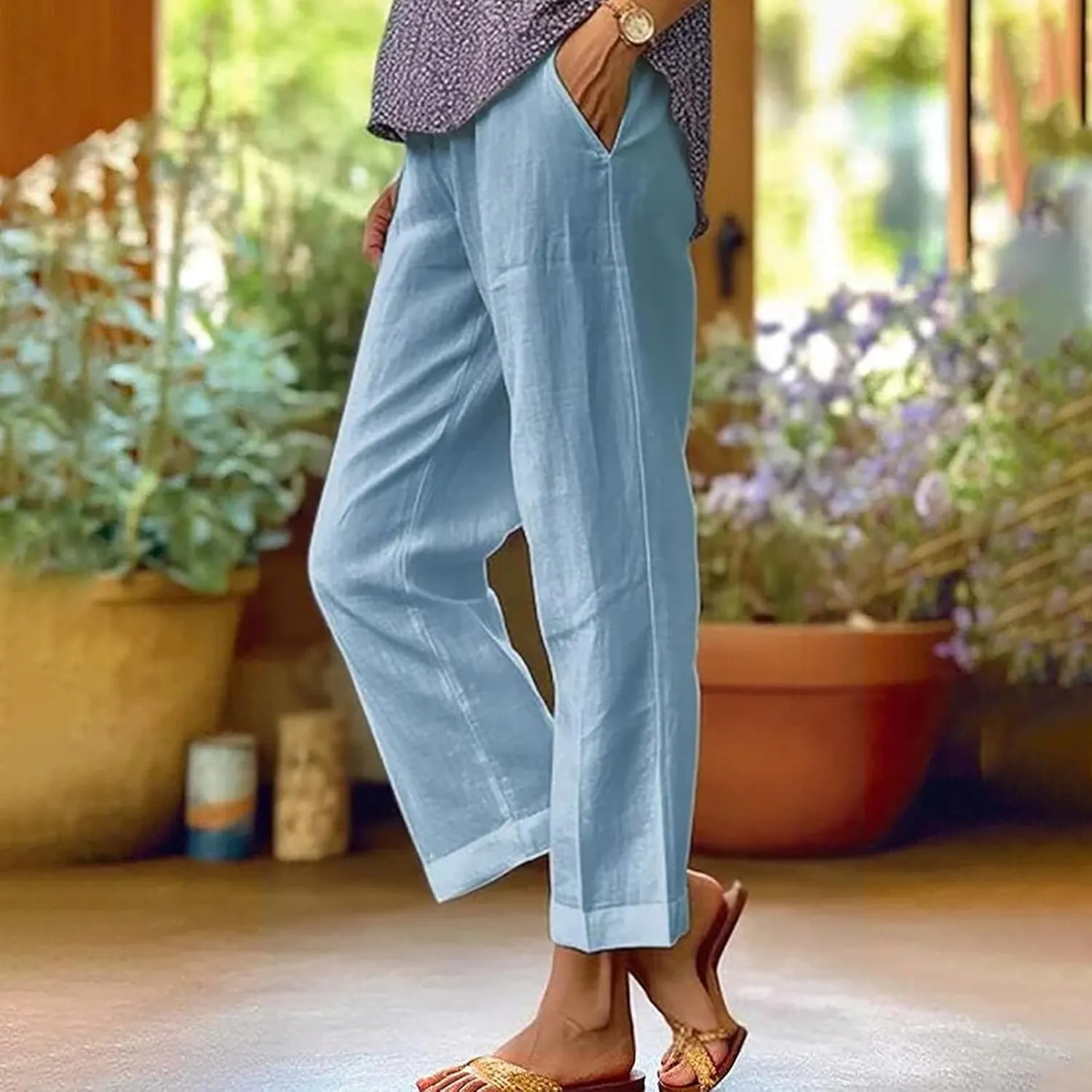 Cotton Linen Pants for Women Straight Leg Elastic Waist Pants Loose Fit Casual Trousers Plus Size Slack 2024 Fashion
