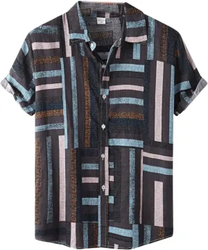 Cotton Linen Shirts for Men Floral Relaxed-Fit Vintage Casual Short Sleeve Lapel Hawaiian Summer Button Down Shirt Top