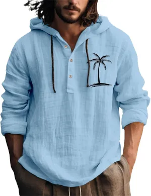 Cotton Linen Shirts for Men Trendy Tropical Beach Palm Print Cuban Guayabera Shirt Retro Long Sleeve Summer Tops