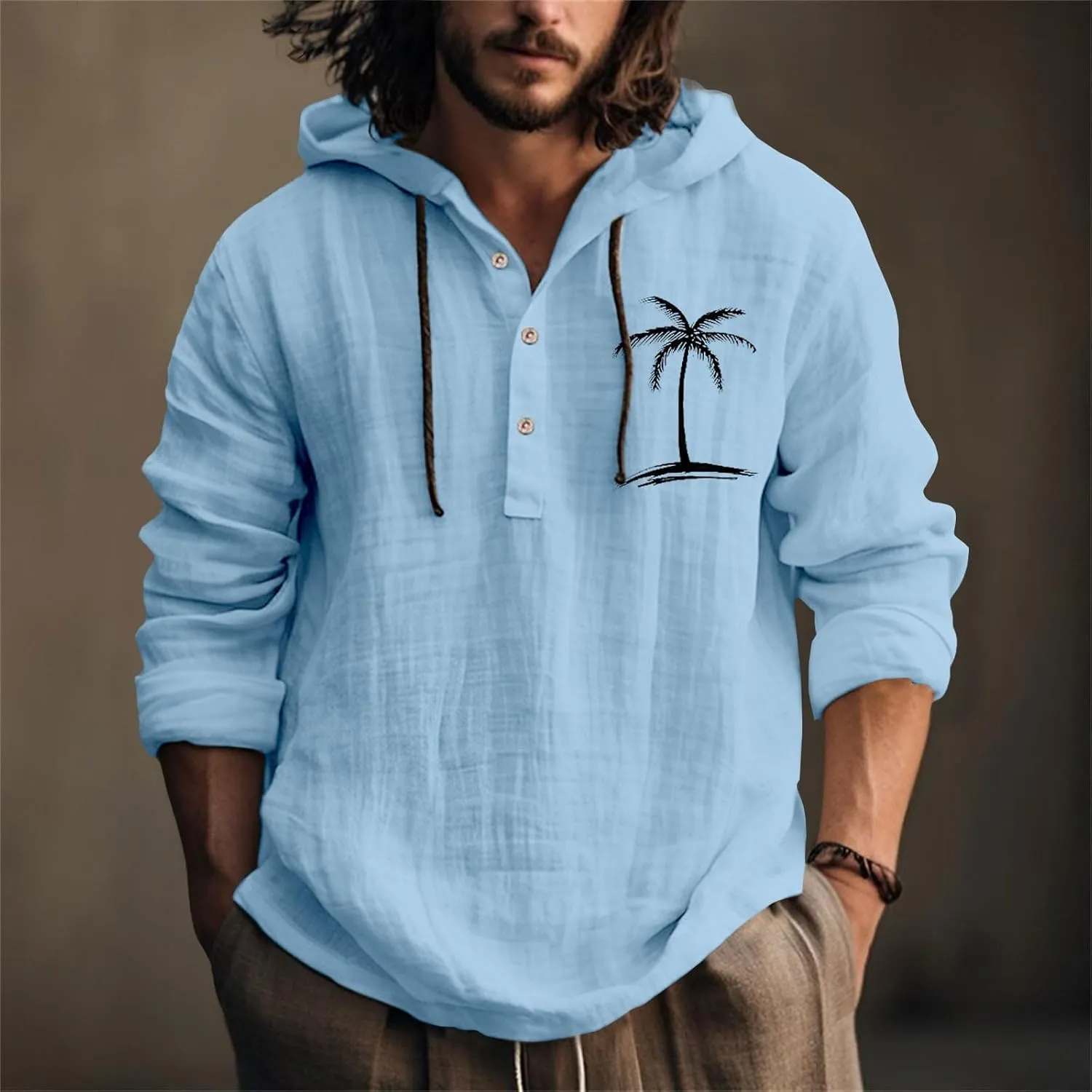 Cotton Linen Shirts for Men Trendy Tropical Beach Palm Print Cuban Guayabera Shirt Retro Long Sleeve Summer Tops