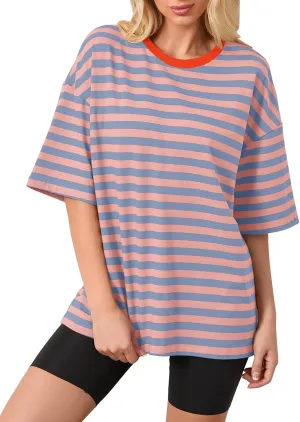 Cotton Striped Oversized Tshirts for Women Color Block T-Shirts Short Sleeve Summer Tee Shirt Loose Tops