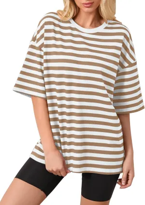 Cotton Striped Oversized Tshirts for Women Color Block T-Shirts Short Sleeve Summer Tee Shirt Loose Tops