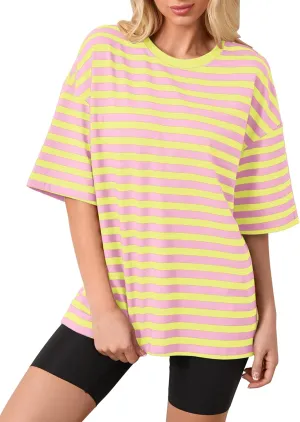 Cotton Striped Oversized Tshirts for Women Color Block T-Shirts Short Sleeve Summer Tee Shirt Loose Tops
