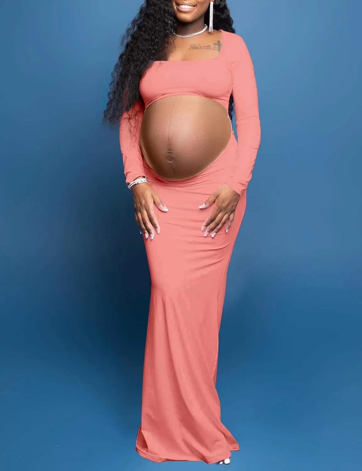 Dedysler Cut Out Maternity Dress for Photos Open Belly Long Sleeve Photography Gown Square Neck Maternity Outfit Dresses