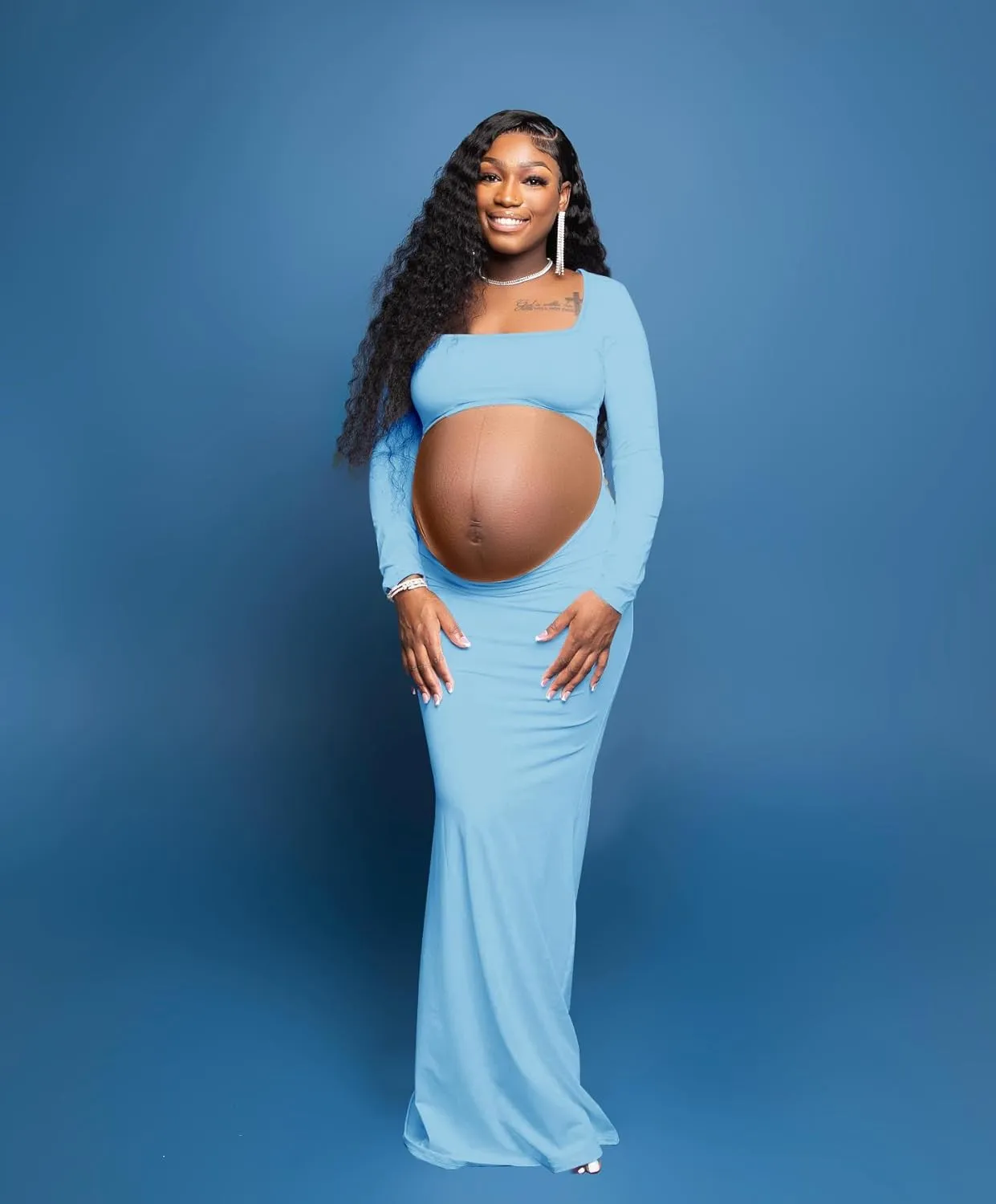 Dedysler Cut Out Maternity Dress for Photos Open Belly Long Sleeve Photography Gown Square Neck Maternity Outfit Dresses