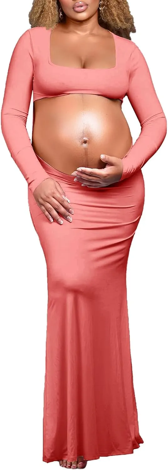 Dedysler Cut Out Maternity Dress for Photos Open Belly Long Sleeve Photography Gown Square Neck Maternity Outfit Dresses