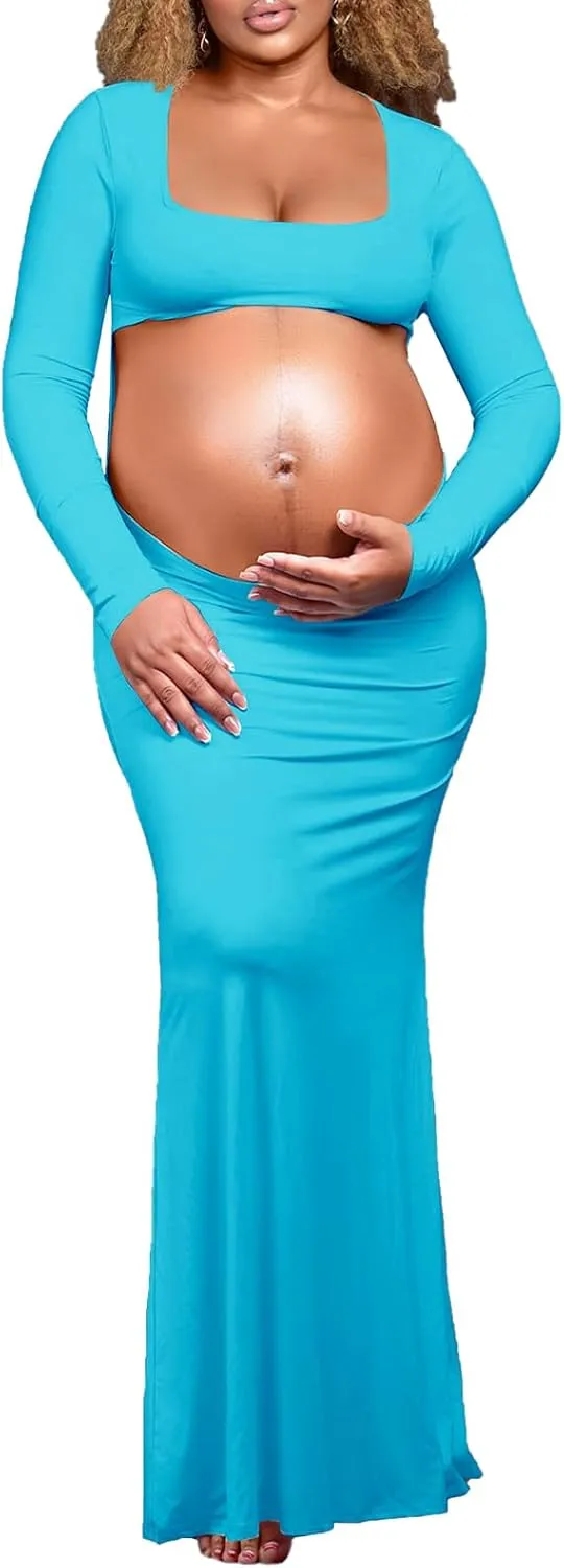 Dedysler Cut Out Maternity Dress for Photos Open Belly Long Sleeve Photography Gown Square Neck Maternity Outfit Dresses