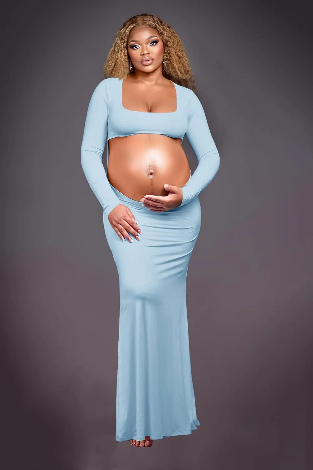 Dedysler Cut Out Maternity Dress for Photos Open Belly Long Sleeve Photography Gown Square Neck Maternity Outfit Dresses