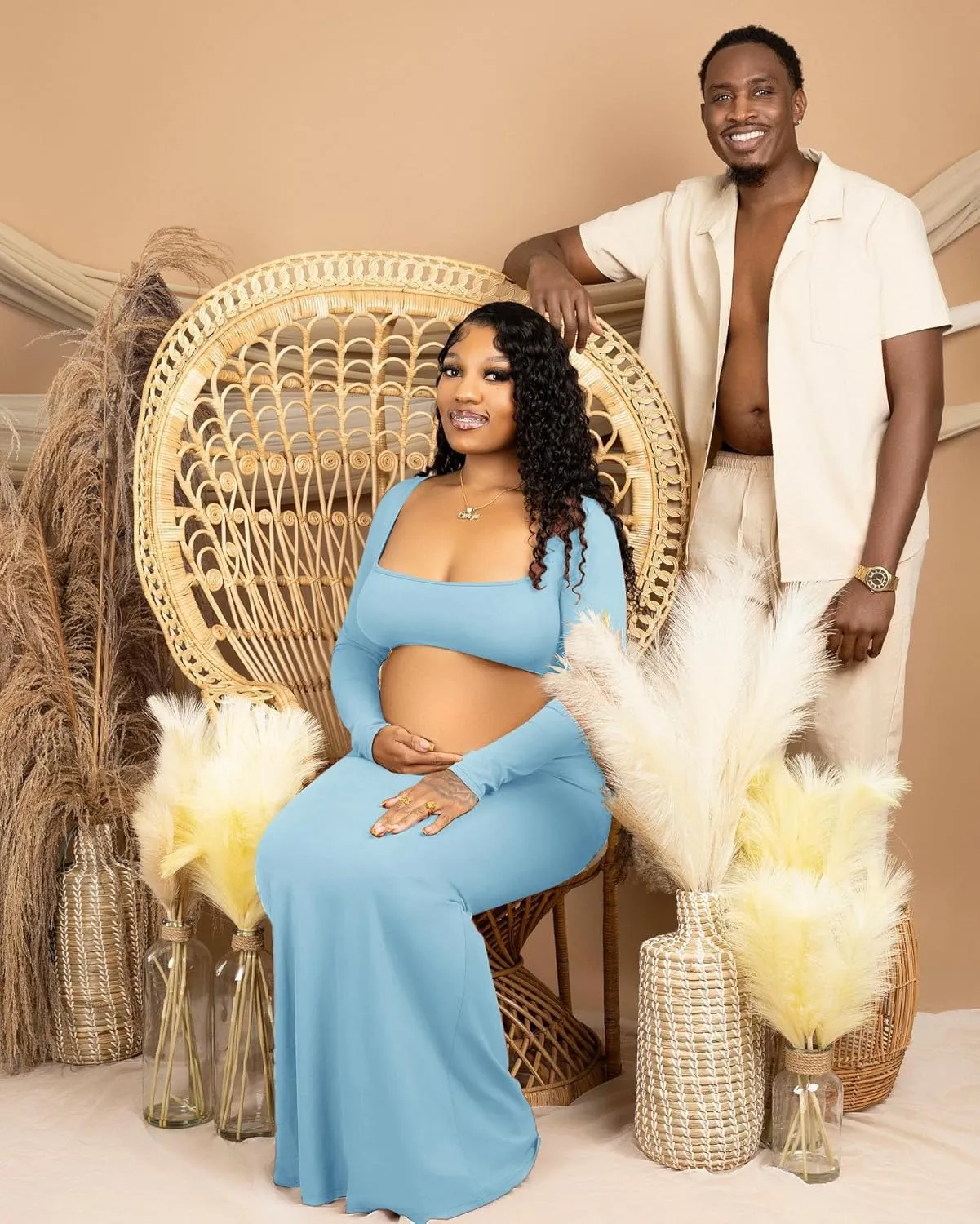Dedysler Cut Out Maternity Dress for Photos Open Belly Long Sleeve Photography Gown Square Neck Maternity Outfit Dresses