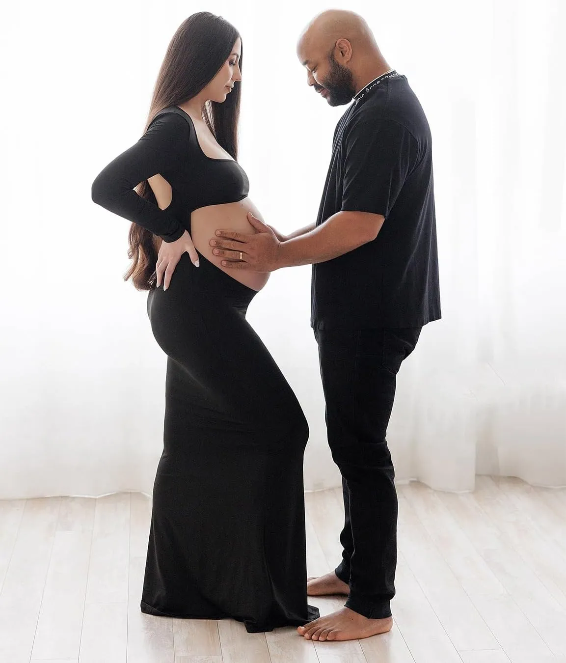 Dedysler Cut Out Maternity Dress for Photos Open Belly Long Sleeve Photography Gown Square Neck Maternity Outfit Dresses