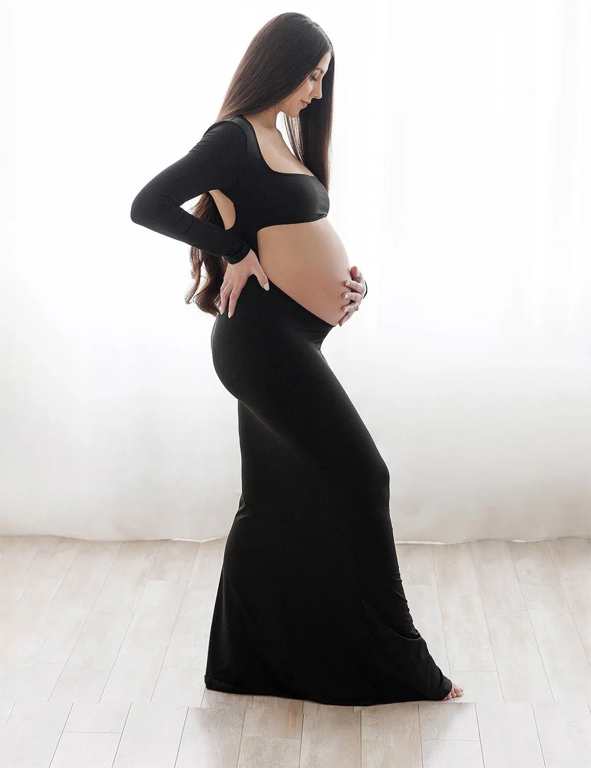 Dedysler Cut Out Maternity Dress for Photos Open Belly Long Sleeve Photography Gown Square Neck Maternity Outfit Dresses