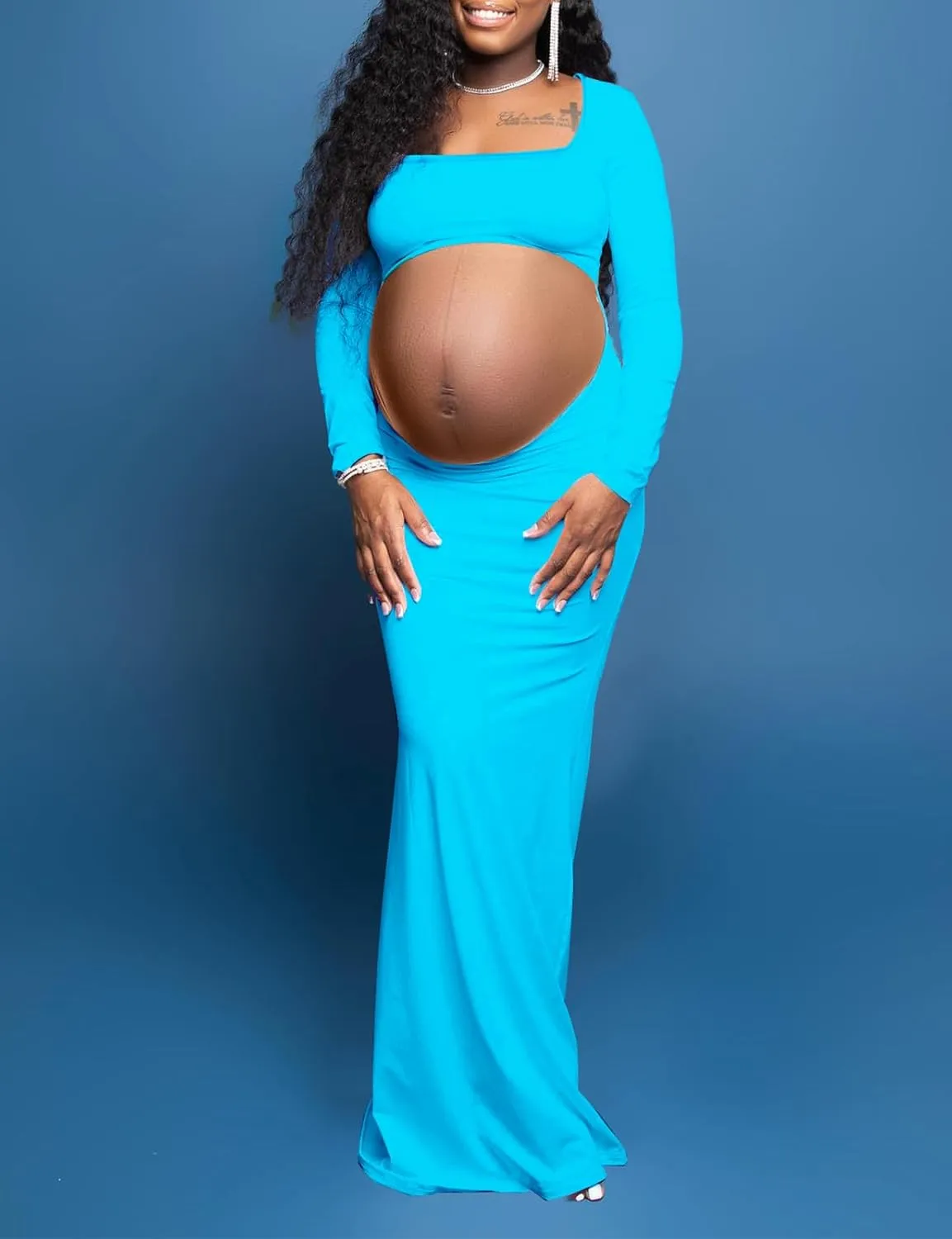 Dedysler Cut Out Maternity Dress for Photos Open Belly Long Sleeve Photography Gown Square Neck Maternity Outfit Dresses