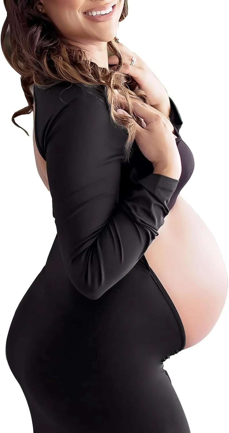 Dedysler Cut Out Maternity Dress for Photos Open Belly Long Sleeve Photography Gown Square Neck Maternity Outfit Dresses
