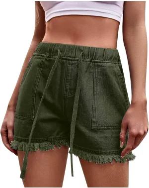 Denim Shorts for Women High Waisted Stretchy Drawstring Jean Shorts Frayed Raw Summer Casual Shorts with Pockets