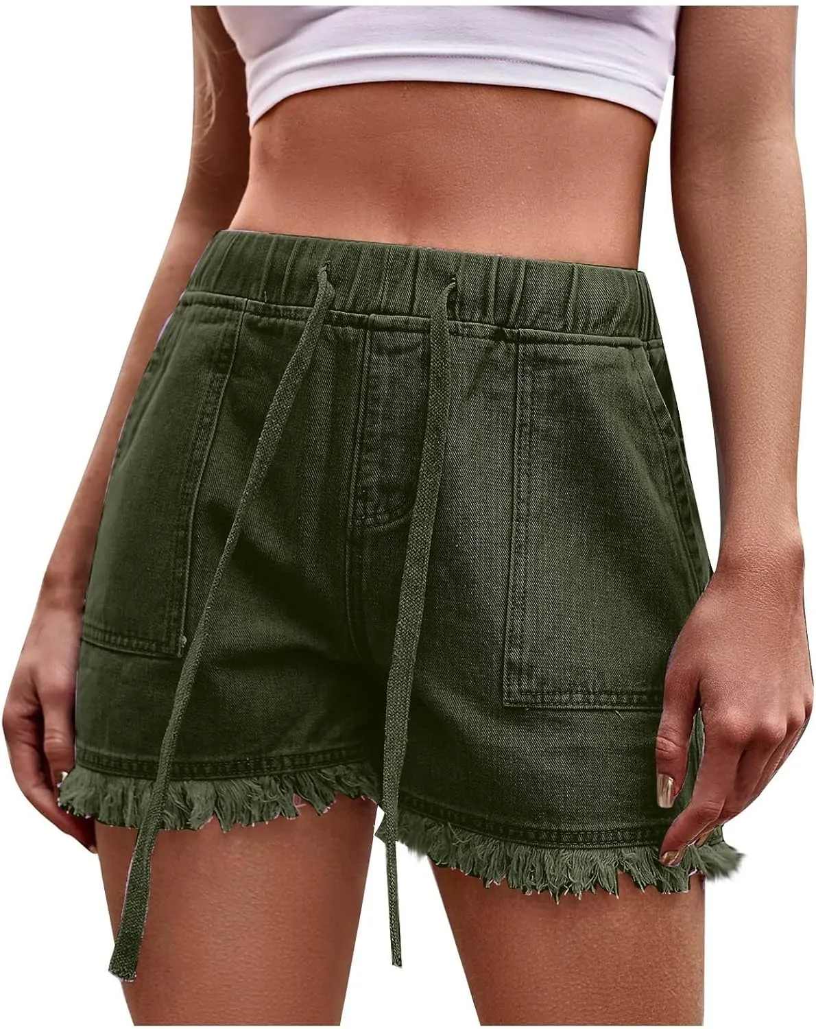Denim Shorts for Women High Waisted Stretchy Drawstring Jean Shorts Frayed Raw Summer Casual Shorts with Pockets