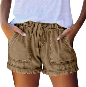Denim Shorts Women Casual High Waisted Drawstring Stretchy Jean Shorts Cut Off Frayed Hem Summer Shorts with Pockets