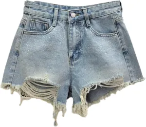 Diamond Hole Denim Shorts for Women's Summer High Waisted Jean Booty Shorts