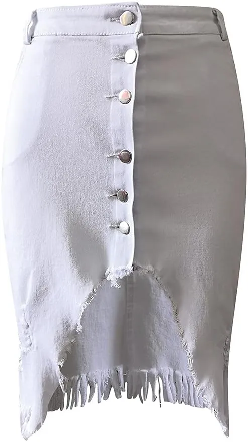 Distressed Denim Mini Skirt Button-Fly Front Split Sexy Pencil Skirts Women's High Waisted Bodycon Skirt