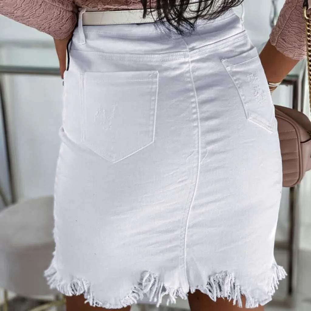Distressed Denim Mini Skirt Button-Fly Front Split Sexy Pencil Skirts Women's High Waisted Bodycon Skirt