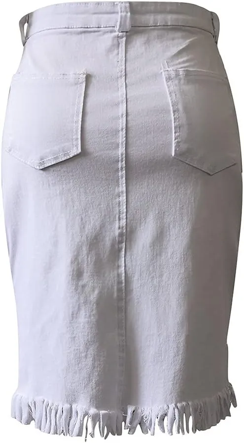 Distressed Denim Mini Skirt Button-Fly Front Split Sexy Pencil Skirts Women's High Waisted Bodycon Skirt