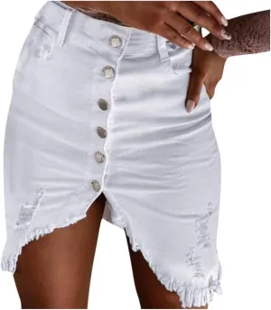 Distressed Denim Mini Skirt Button-Fly Front Split Sexy Pencil Skirts Women's High Waisted Bodycon Skirt