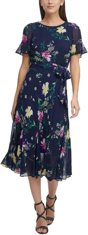 DKNY Womens Petites Floral Print Midi Fit & Flare Dress Navy 2P