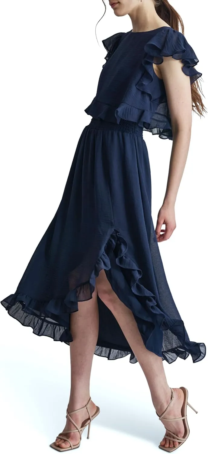 DKNY Women's Ruffle Sleeve Cinchined Waist Fit & Flare Midi Dress