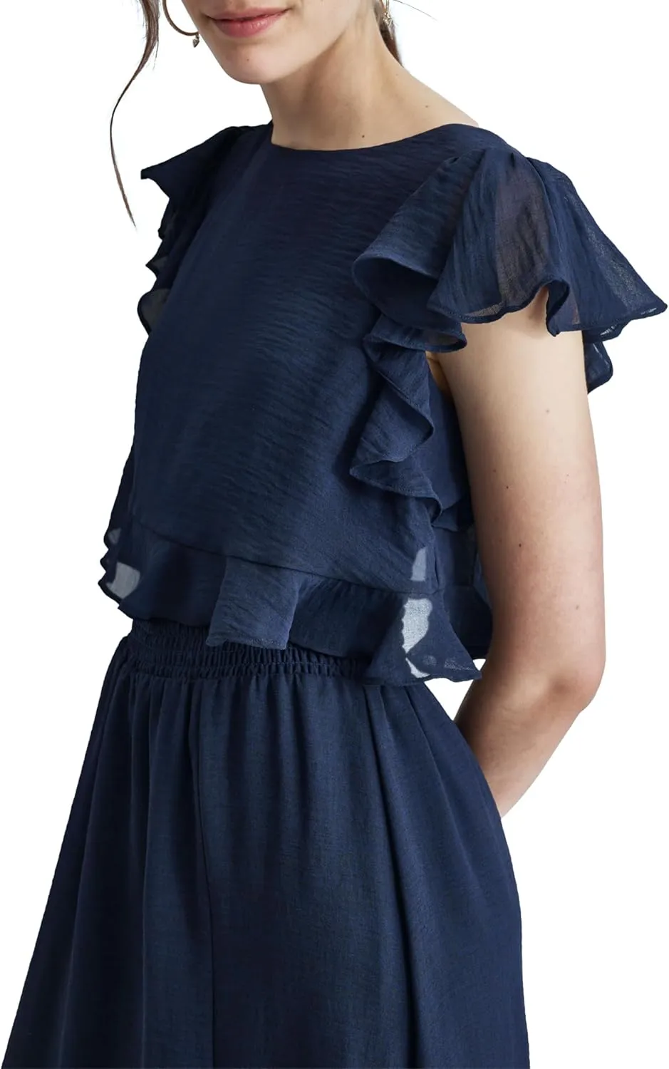 DKNY Women's Ruffle Sleeve Cinchined Waist Fit & Flare Midi Dress