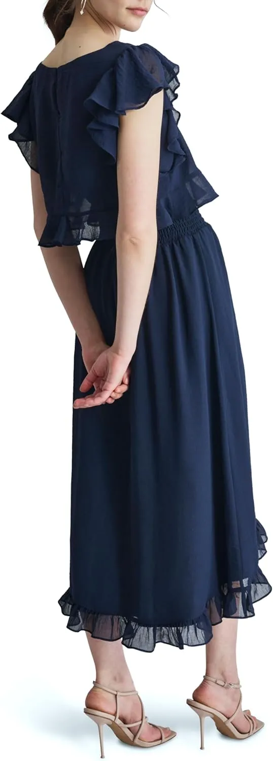 DKNY Women's Ruffle Sleeve Cinchined Waist Fit & Flare Midi Dress