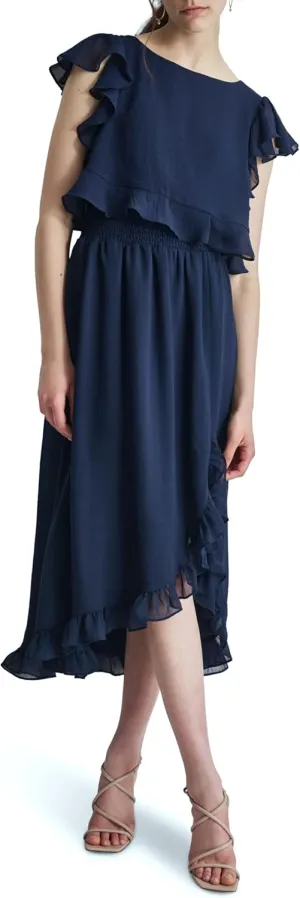 DKNY Women's Ruffle Sleeve Cinchined Waist Fit & Flare Midi Dress
