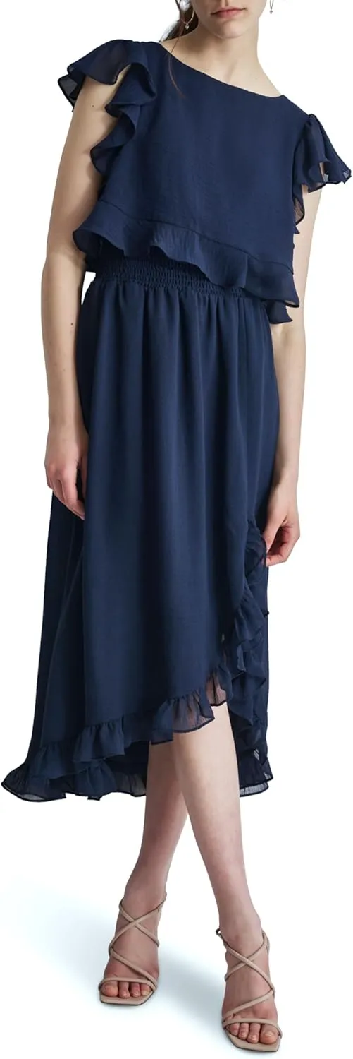 DKNY Women's Ruffle Sleeve Cinchined Waist Fit & Flare Midi Dress