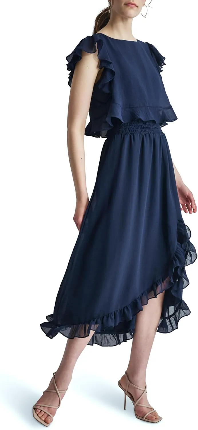 DKNY Women's Ruffle Sleeve Cinchined Waist Fit & Flare Midi Dress