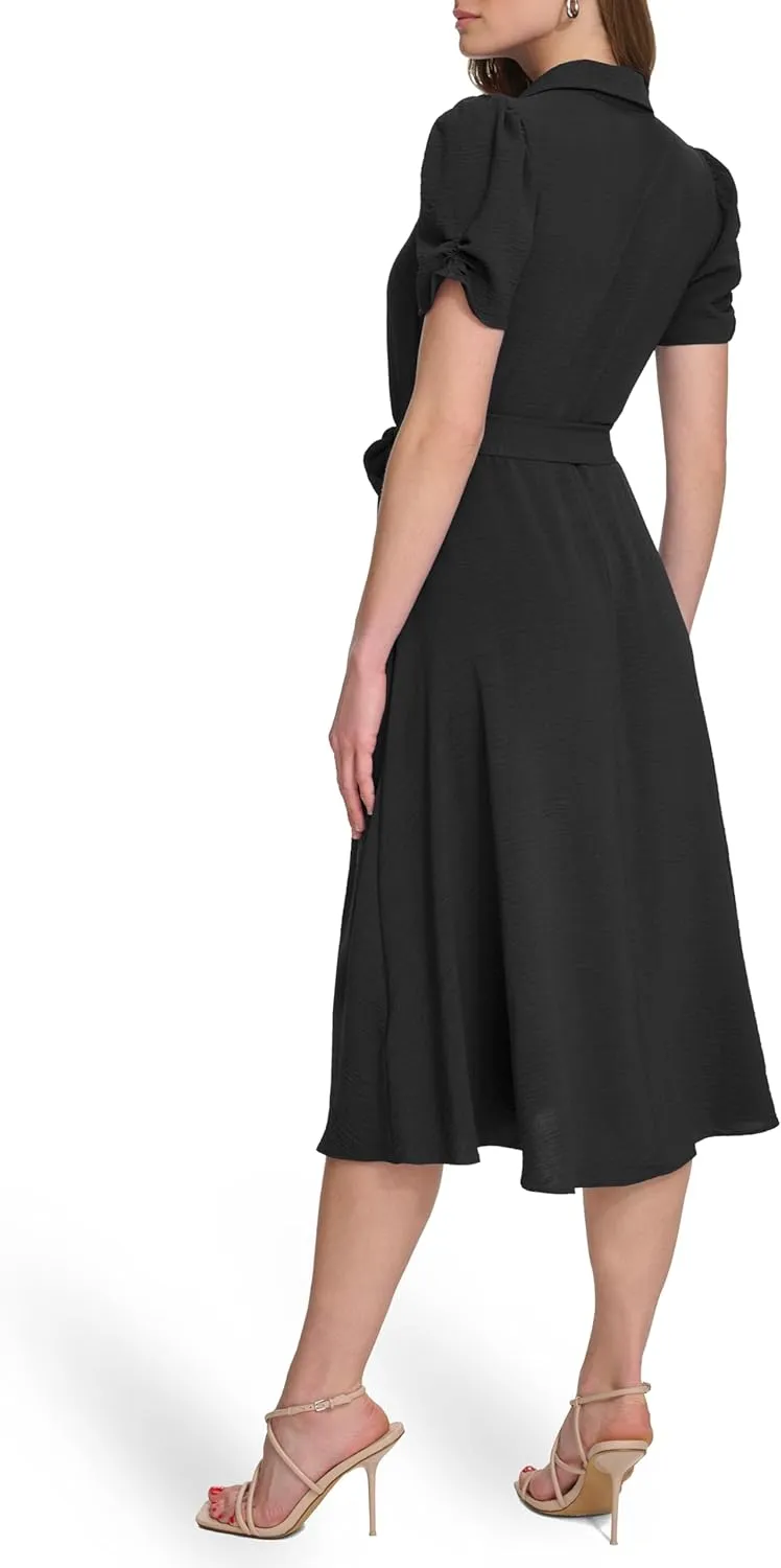 DKNY Women's Short Sleeve Tie Fit & Flare Midi Dress