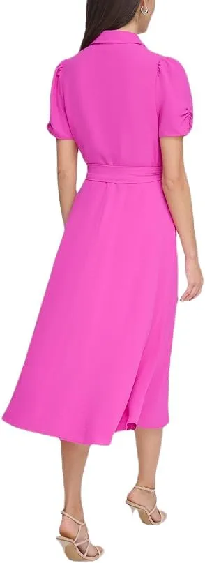 DKNY Women's Short Sleeve Tie Fit & Flare Midi Dress