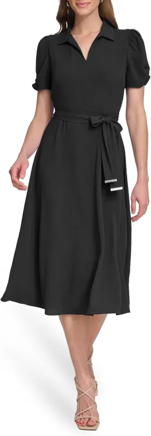 DKNY Women's Short Sleeve Tie Fit & Flare Midi Dress