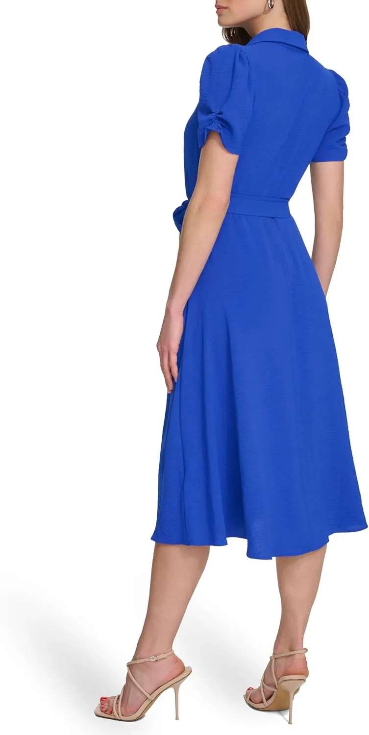 DKNY Women's Short Sleeve Tie Fit & Flare Midi Dress