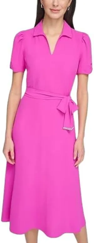 DKNY Women's Short Sleeve Tie Fit & Flare Midi Dress