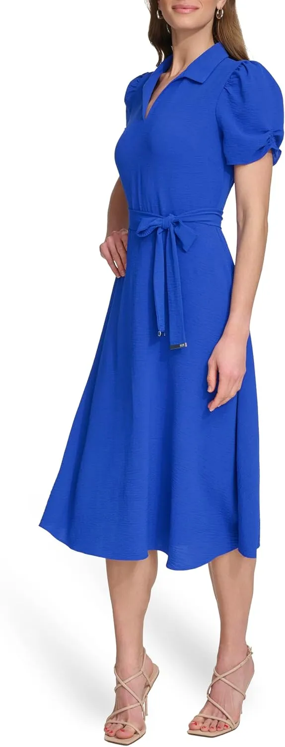 DKNY Women's Short Sleeve Tie Fit & Flare Midi Dress