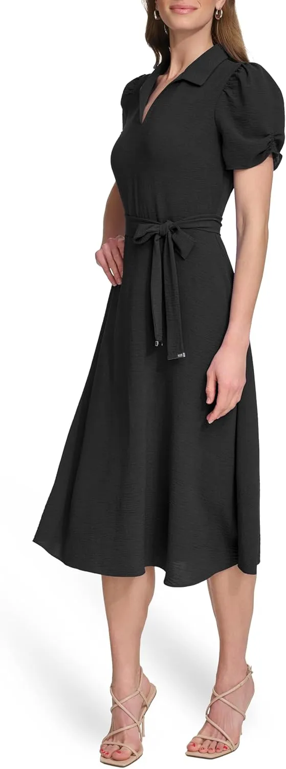 DKNY Women's Short Sleeve Tie Fit & Flare Midi Dress