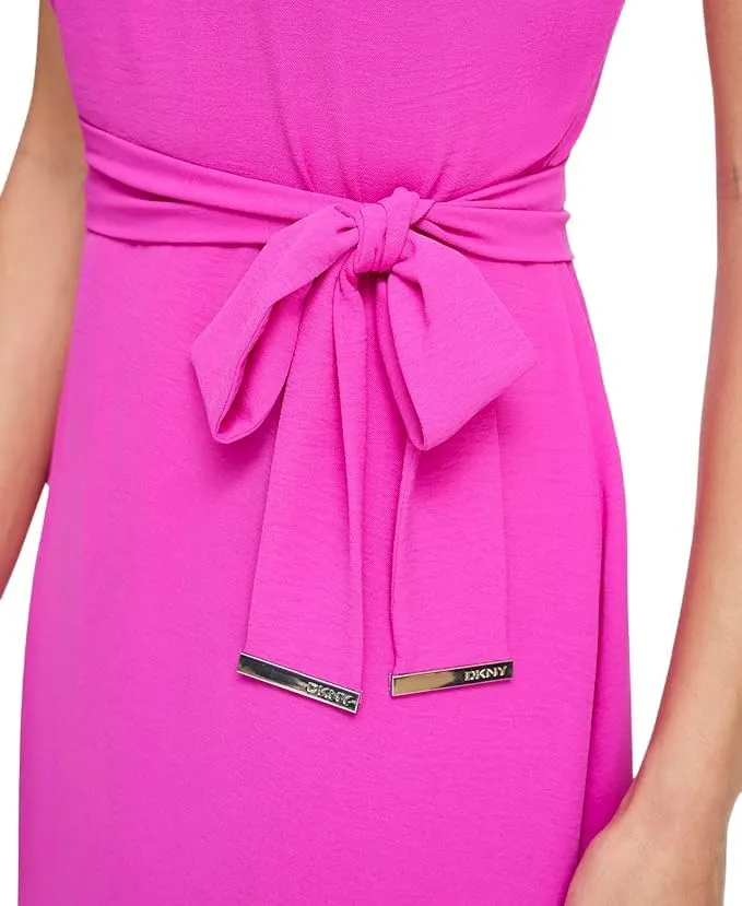 DKNY Women's Short Sleeve Tie Fit & Flare Midi Dress