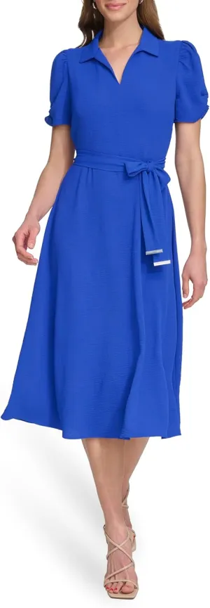 DKNY Women's Short Sleeve Tie Fit & Flare Midi Dress