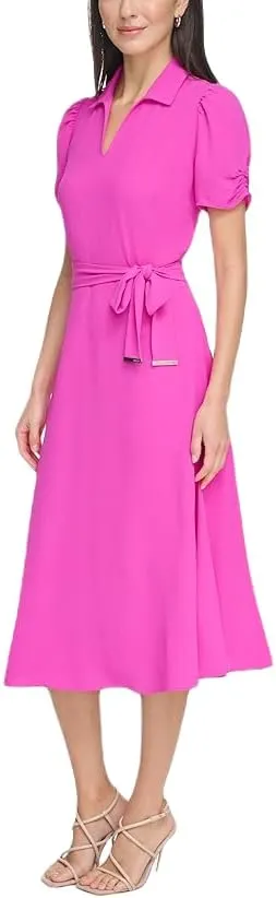 DKNY Women's Short Sleeve Tie Fit & Flare Midi Dress