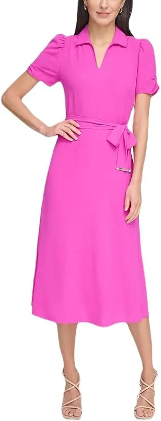 DKNY Women's Short Sleeve Tie Fit & Flare Midi Dress