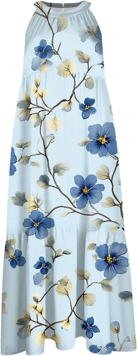 Dresses for Women 2025 Sleeveless Floral Print Tank Dresses Hanging Neck Splicing Midi Dresses Loose Sundresses