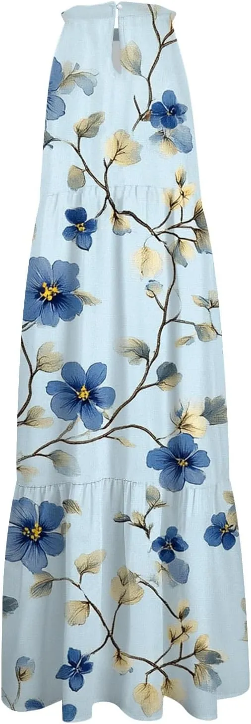 Dresses for Women 2025 Sleeveless Floral Print Tank Dresses Hanging Neck Splicing Midi Dresses Loose Sundresses