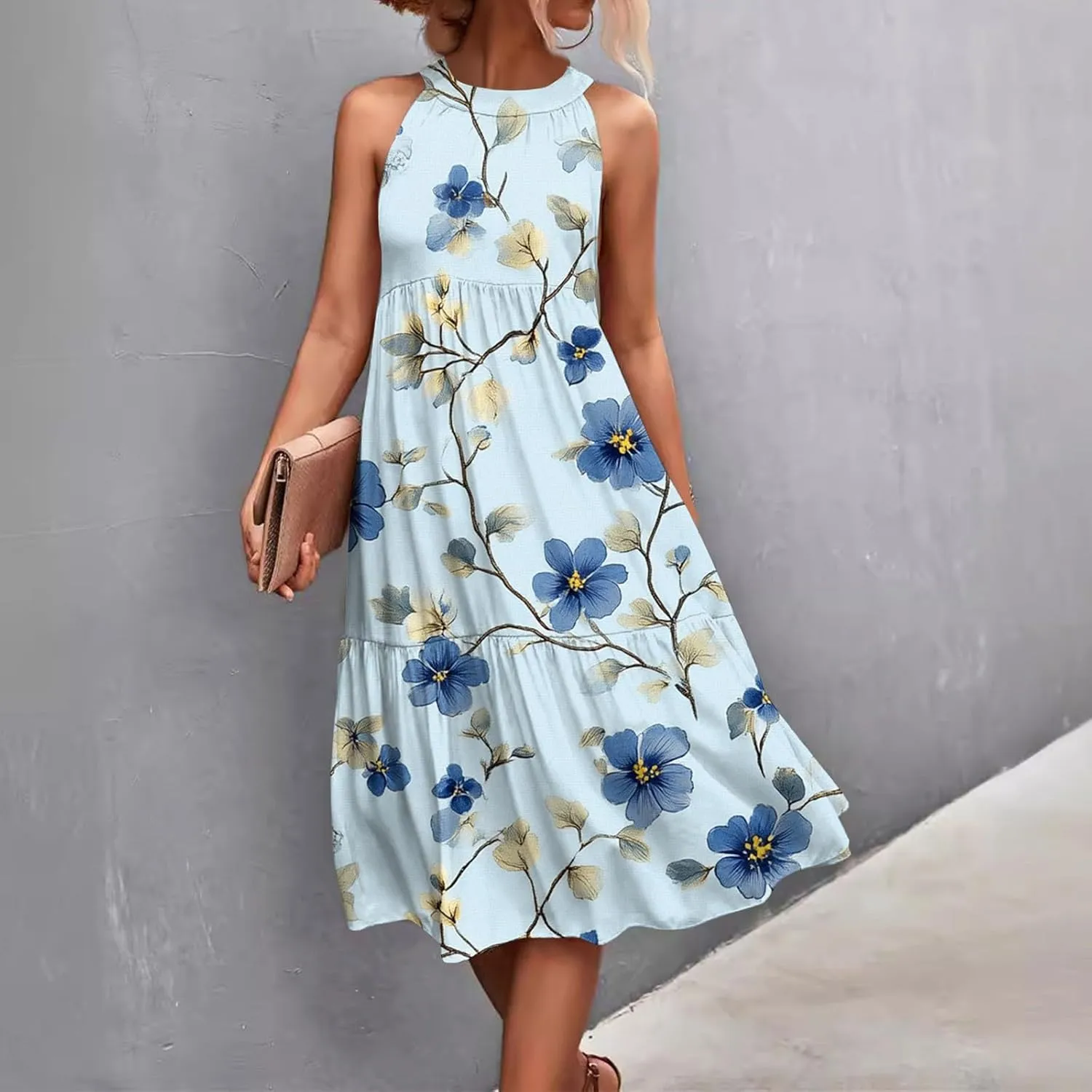 Dresses for Women 2025 Sleeveless Floral Print Tank Dresses Hanging Neck Splicing Midi Dresses Loose Sundresses